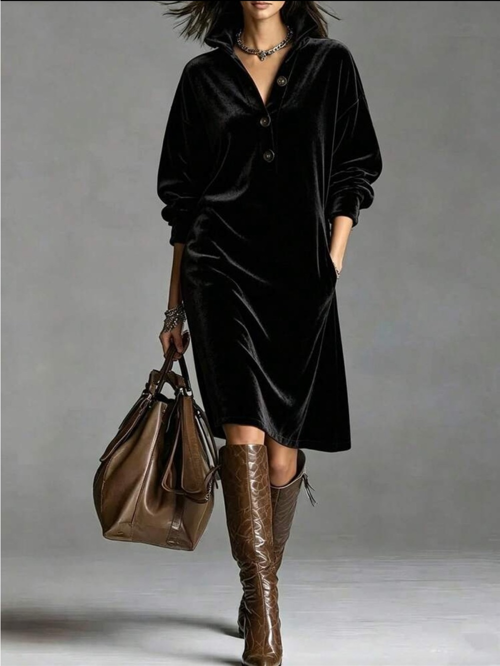 Luxe Black Velvet Button-Front Pockets Collared Dress